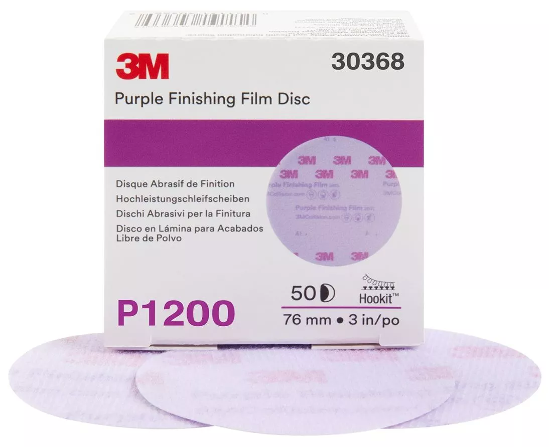 3M™ Hookit™ Purple Finishing Film Abrasive Disc 260L, 30368, 3 in,
P1200, 50 discs per carton, 4 cartons per case