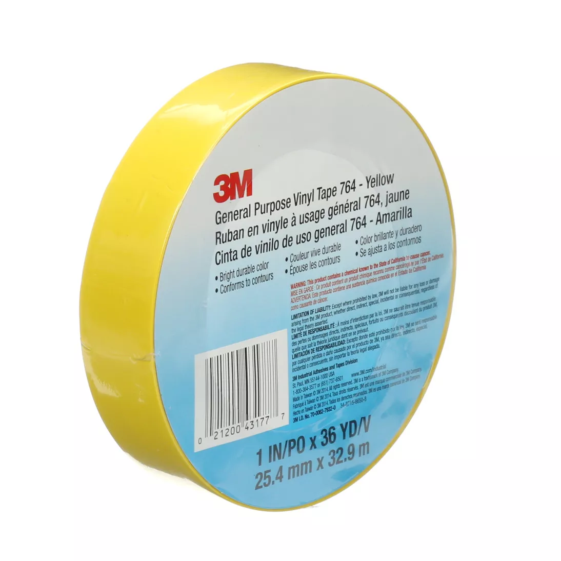 3M™ General Purpose Vinyl Tape 764, Yellow, 1 in x 36 yd, 5 mil, 36 Roll/Case, Individually Wrapped Conveniently Packaged