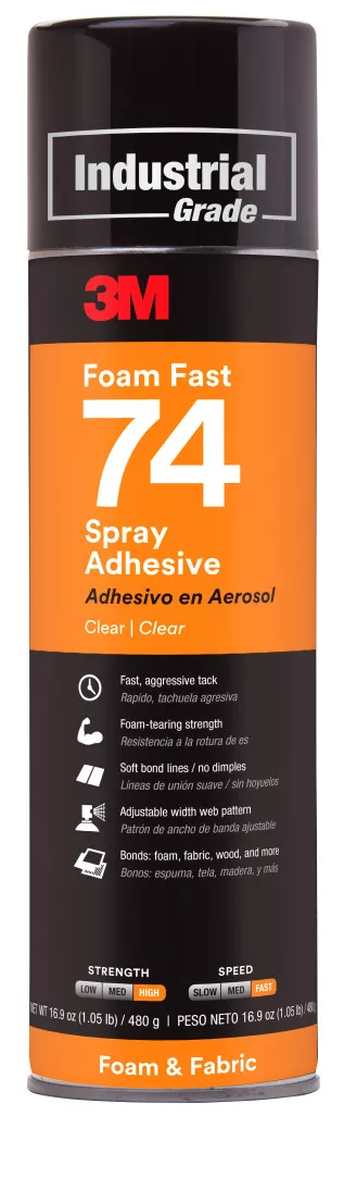 3M™ Foam Fast Spray Adhesive 74, Clear, 24 fl oz Can (Net Wt 16.9 oz),
12/Case, NOT FOR SALE IN CA AND OTHER STATES