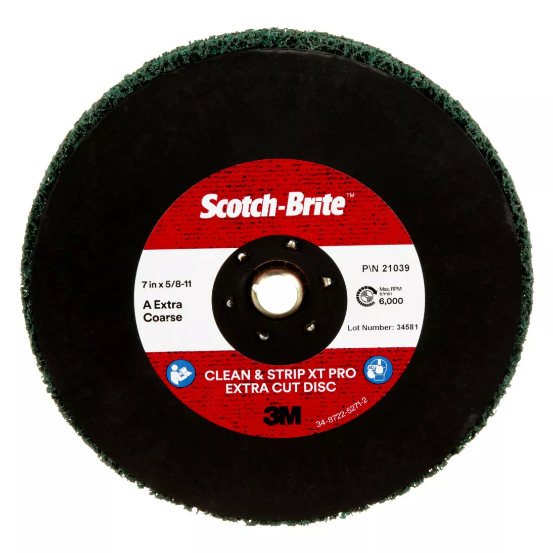 Scotch-Brite™ Clean and Strip XT Pro Extra Cut Disc, CX-DN, A/O Extra
Coarse, TN, Green, 7 in x 5/8