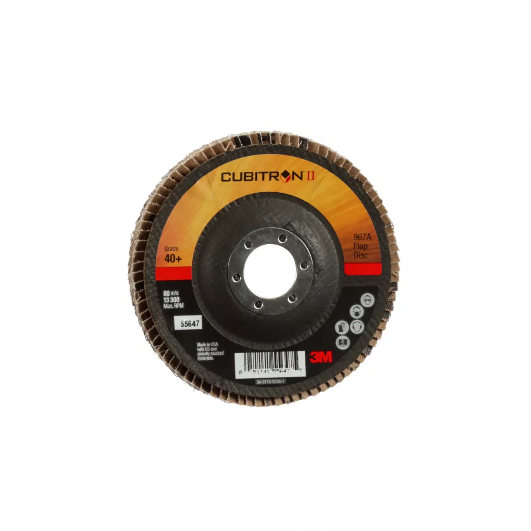 3M™ Cubitron™ II Flap Disc 967A, 40+, T29, 4-1/2 in x 7/8 in, Giant, 10
ea/Case