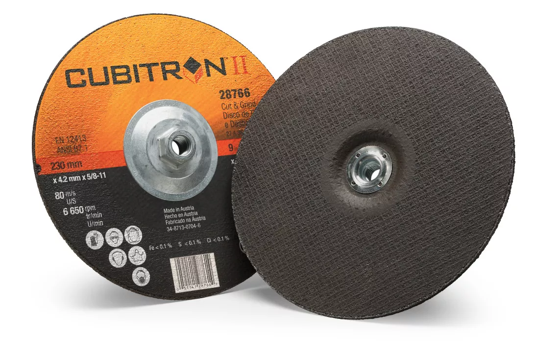 3M™ Cubitron™ II Cut and Grind Wheel, 28766, T27 Quick Change, 9 in x
1/8 in x 5/8 in-11 in, 10/Inner, 20 ea/Case