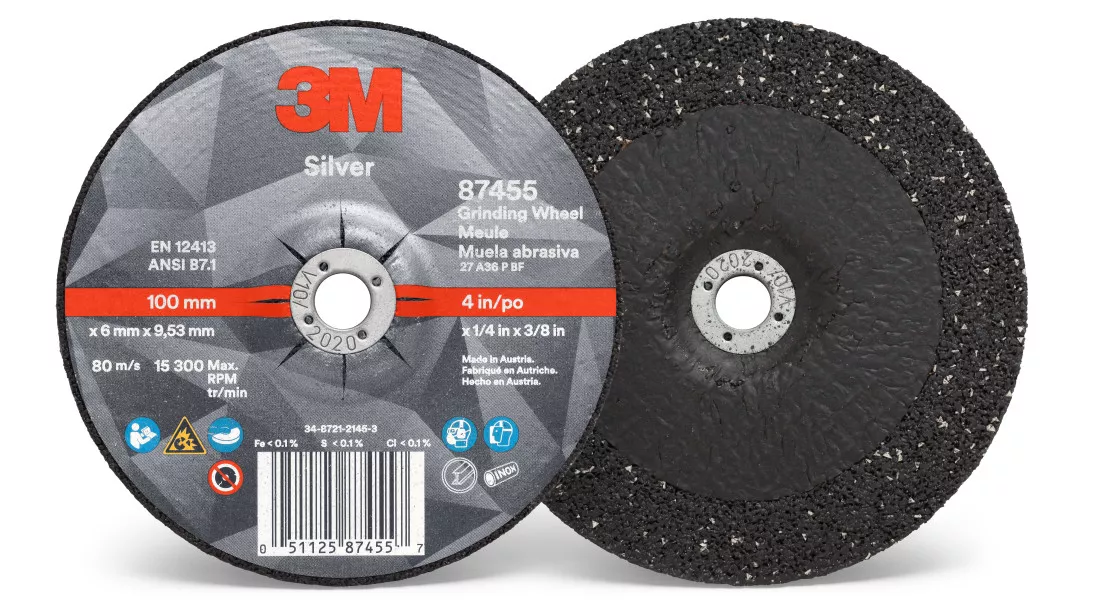 3M™ Silver Depressed Center Grinding Wheel, 87455, T27, 4 in x 1/4 in x
3/8 in, 10 per inner, 20 per case