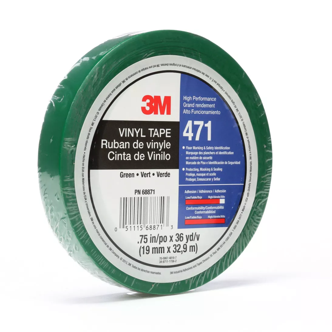 3M™ Vinyl Tape 471, Green, 1 in x 36 yd, 5.2 mil, 36 rolls per case,
Individually Wrapped Conveniently Packaged
