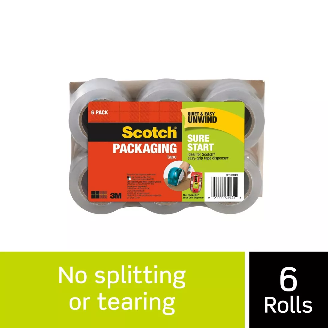 Scotch® Sure Start Packaging Tape, DP-1000RF6, 1.88 in x 900 in (48 mm x
22,8 m), 6 Pack