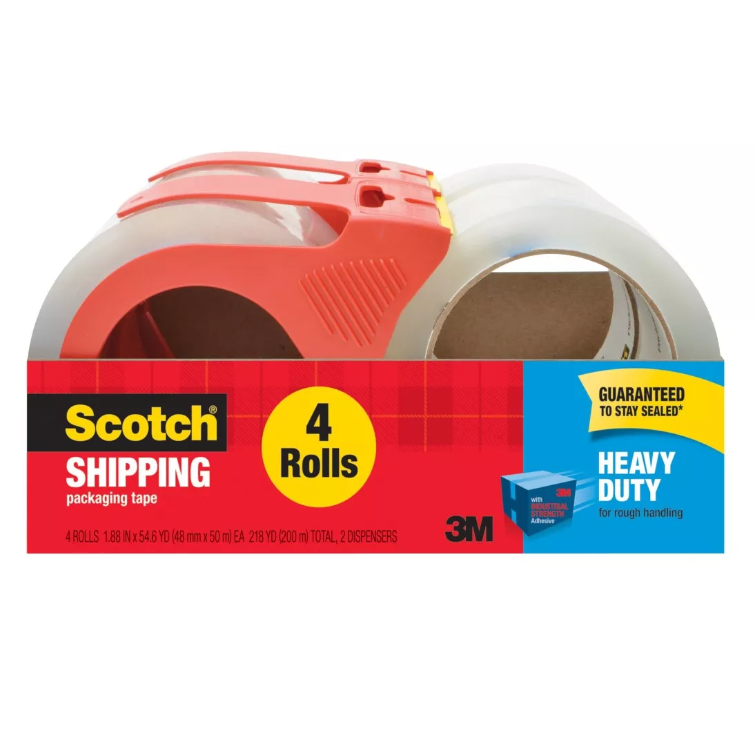 Scotch® Heavy Duty Shipping Packaging Tape 3850-4-2RD, 1.88 in x 54.6 yd
(48 mm x 50 m) 4 Rolls with 2 Dispenser