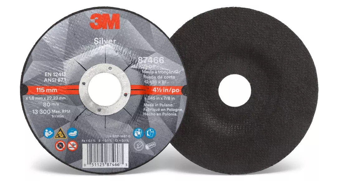 3M™ Silver Cut-Off Wheel, 87466, T27, 4.5 in x .045 in x 7/8 in, 25 per
inner 50 per case