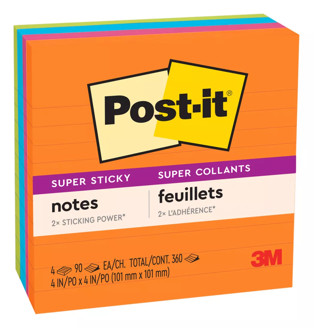 Post-it® Super Sticky Notes 675-4SSUC, 4 in x 4 in (101 mm x 101 mm) Rio
de Janeiro Collection, Lined , 4 Pads/Pk