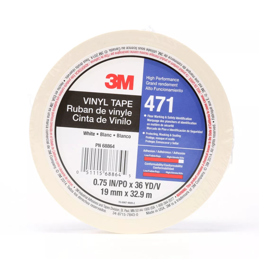 3M™ Vinyl Tape 471, White, 3/4 in x 36 yd, 5.2 mil, 48 rolls per case,
Individually Wrapped Conveniently Packaged