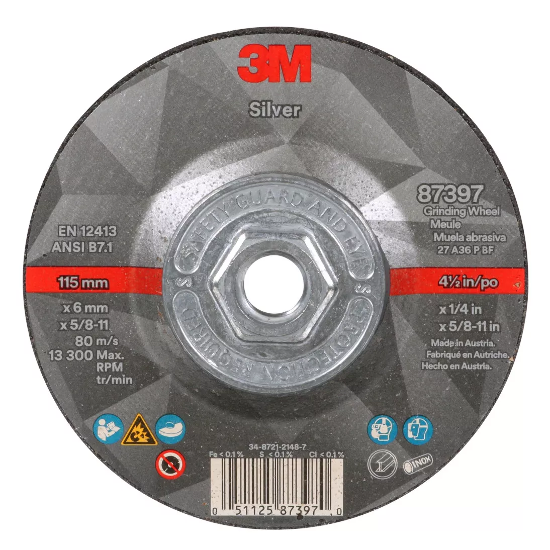 3M™ Silver Depressed Center Grinding Wheel, 87397, T27 Quick Change, 4.5
in x 1/4 in x 5/8 in-11 in, 10/Inner, 20 ea/Case