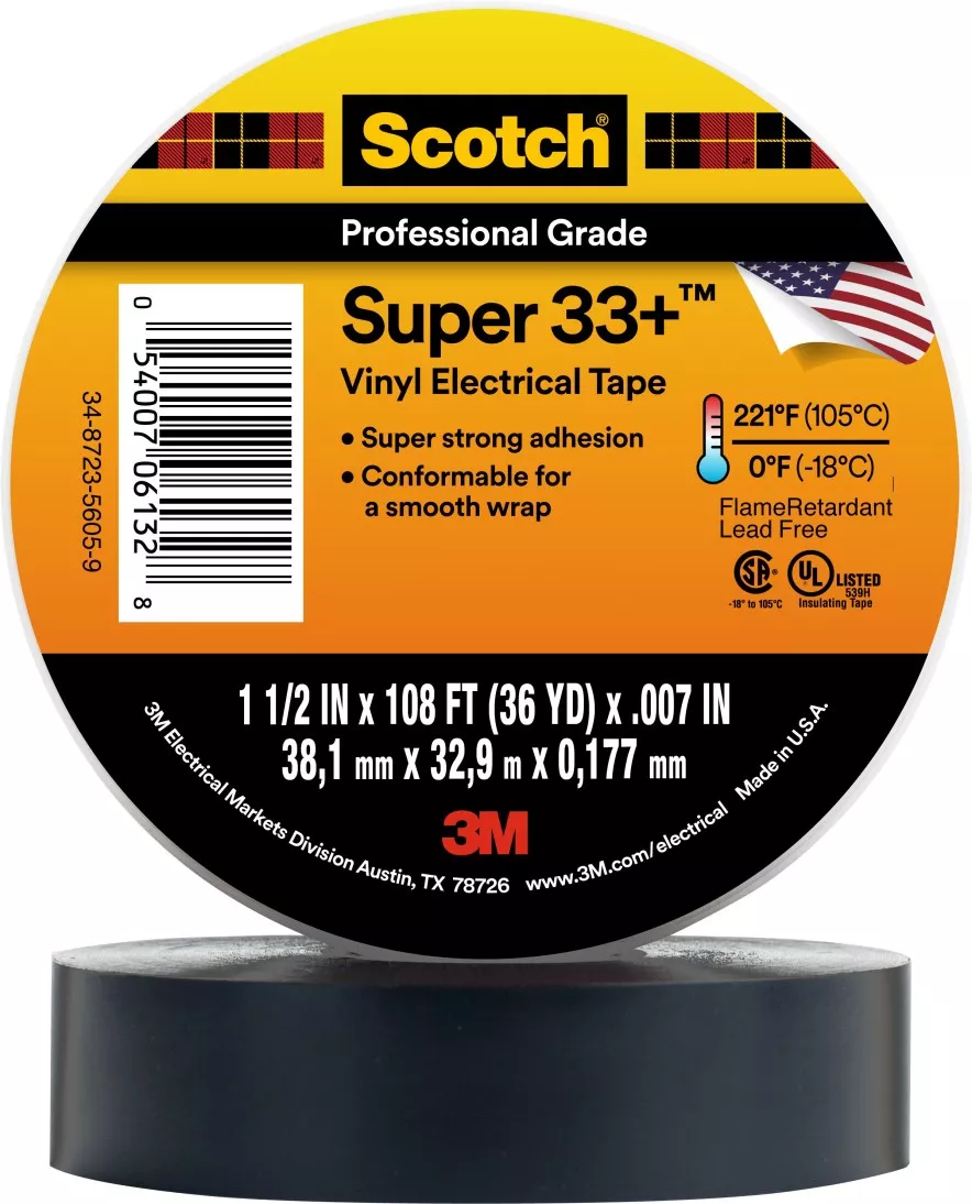 Scotch® Vinyl Electrical Tape 33, 1-1/2 in x 36 yd, Black, 1
roll/carton, 12 rolls/Case