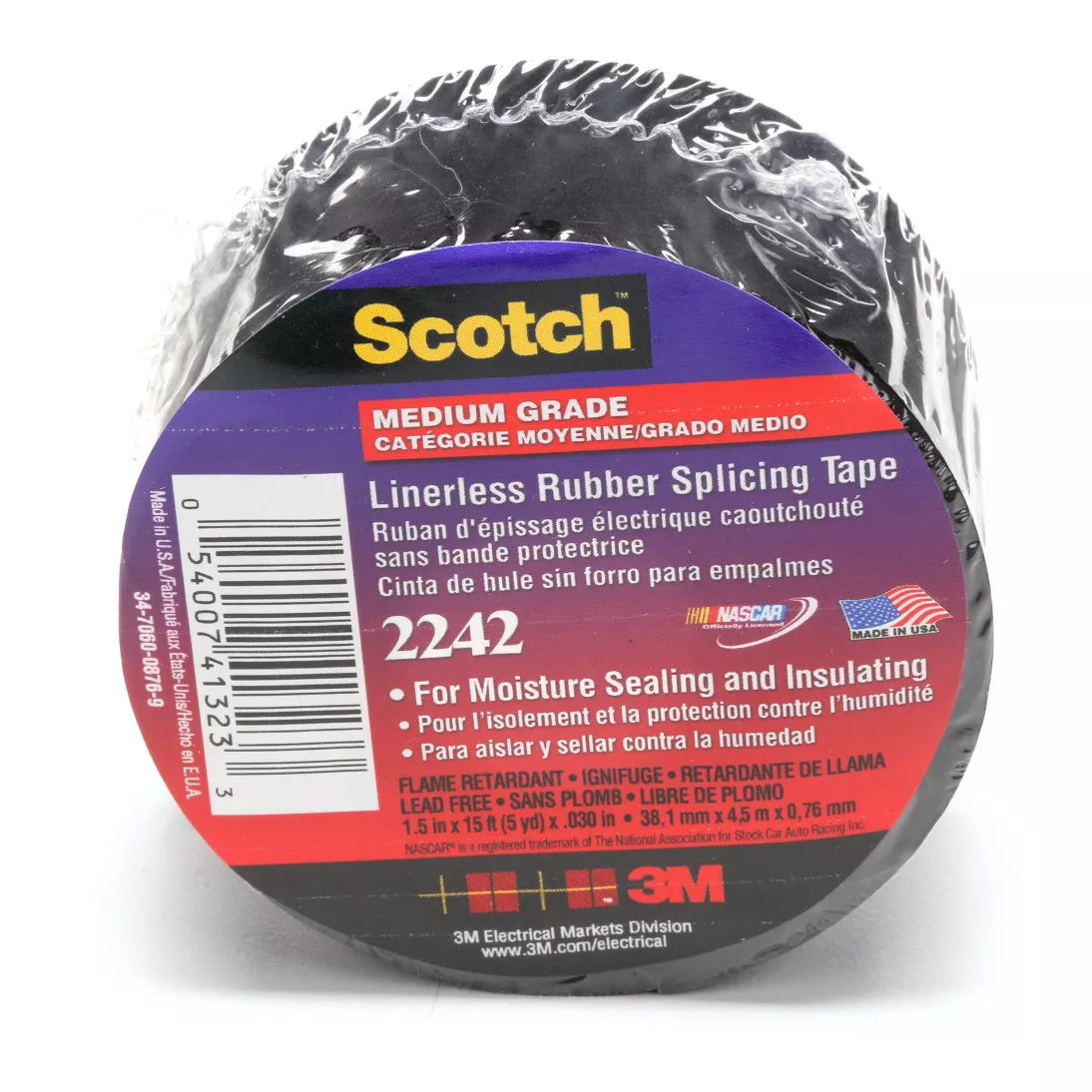 3M™ Linerless Electrical Rubber Tape 2242, 1-1/2 in x 15 ft, 1 in core,
Black, 1 roll/carton, 12 rolls/case