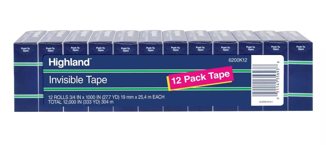 Highland™ Invisible Tape 6200K12, 3/4 in x 1000 in (19 mm x 25,4 m), 12
Pack