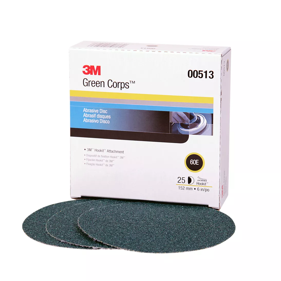 3M™ Green Corps™ Hookit™ Disc, 00513, 6 in, 60, 25 discs per carton, 5
cartons per case