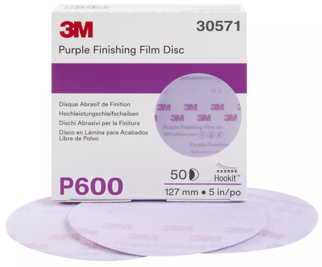 3M™ Hookit™ Purple Finishing Film Abrasive Disc 260L, 30571, 5 in, P600,
50 discs per carton, 4 cartons per case