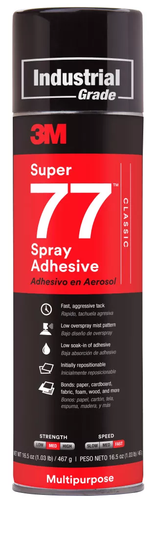 3M™ Super 77™ Classic Spray Adhesive, Clear, 24 fl oz Can (Net Wt 16.5
oz), 12/Case, NOT FOR SALE IN CA AND OTHER STATES