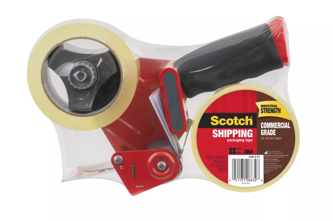Scotch® Commercial Grade Shipping Packaging Tape 3750-2-ST, 1.88 in x
54.6 yd (48 mm x 50 m) with Heavy Duty Dispenser
