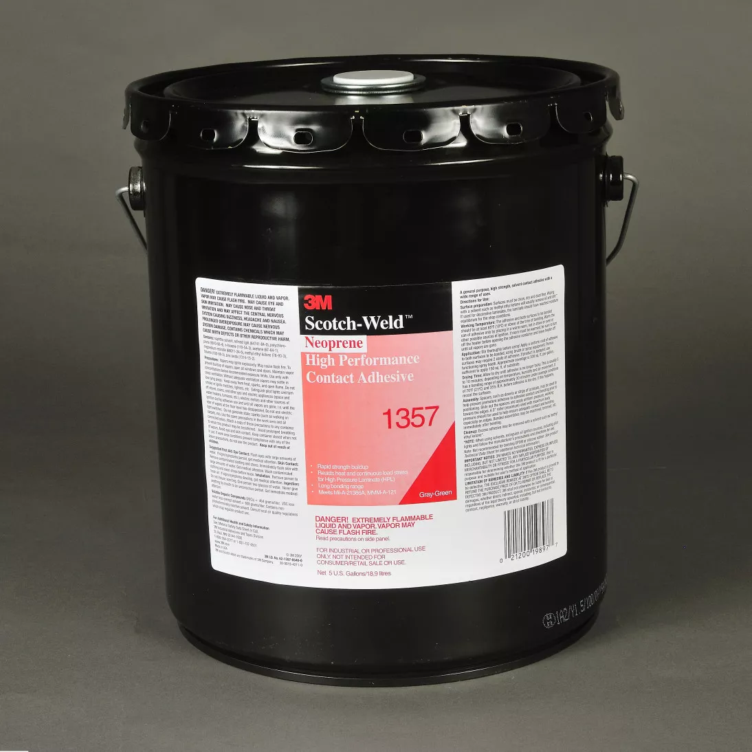 3M™ Neoprene High Performance Contact Adhesive 1357, Gray-Green, 5
Gallon Pour Spout Drum (Pail)