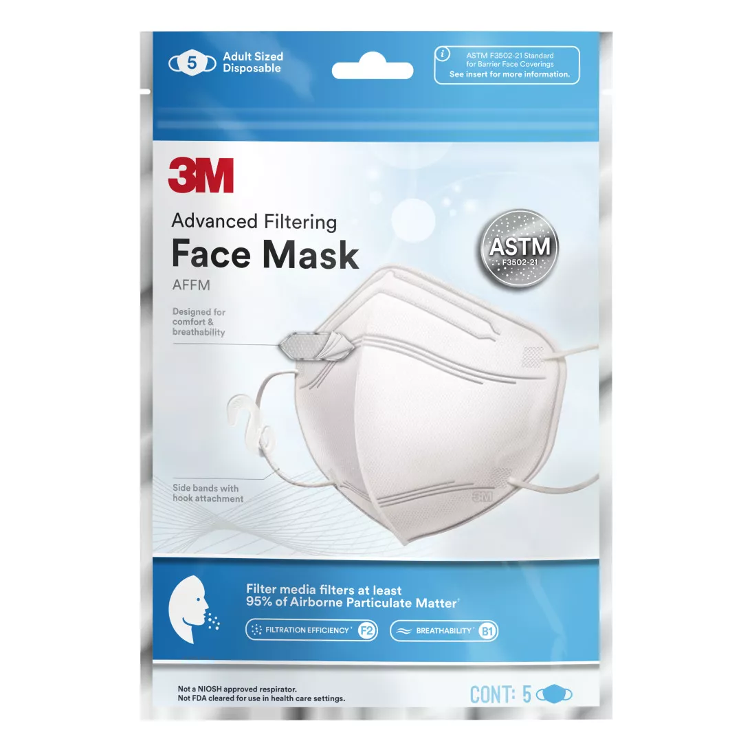 3M™ Advanced Filtering Face Mask AFFM-5-DC, One Size, 5 Pack