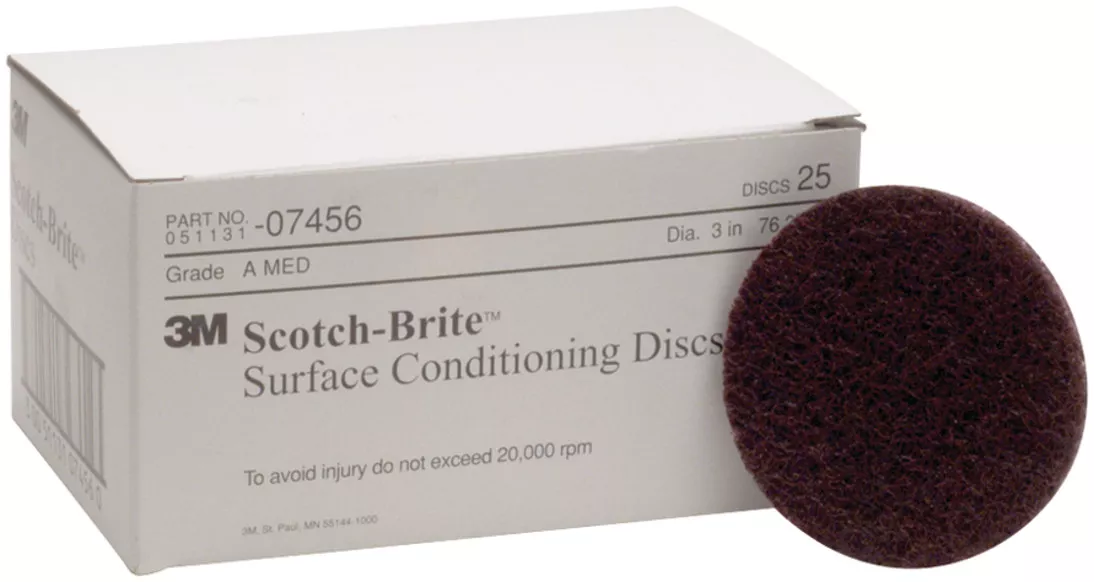 Scotch-Brite™ Surface Conditioning Disc, 07456, SC-DH, A/O Medium, 3 in
x NH, 25/Carton, 4 Cartons/Case