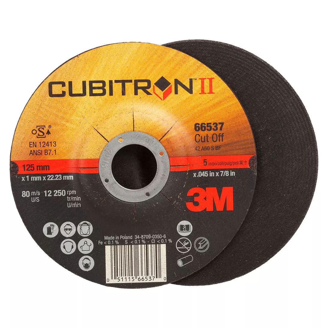 3M™ Cubitron™ II Cut-Off Wheel, 66537, 36, T42, 125 mm x 1.6 mm x 22.23
mm, 25/Inner, 50 ea/Case