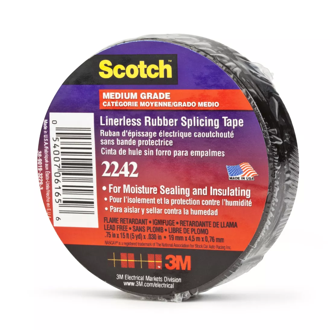3M™ Linerless Electrical Rubber Tape 2242, 3/4 in x 15 ft, 1 in core,
Black, 1 roll/carton, 24 rolls/case