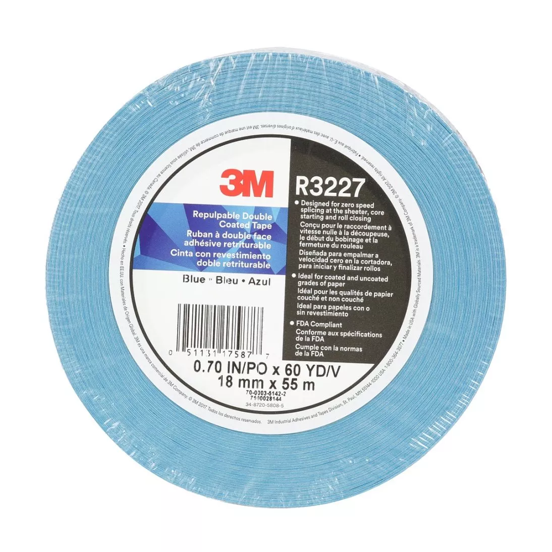 3M™ Repulpable Double Coated Tape R3227, Blue, 18 mm x 55 m, 3.5 mil, 48
rolls per case