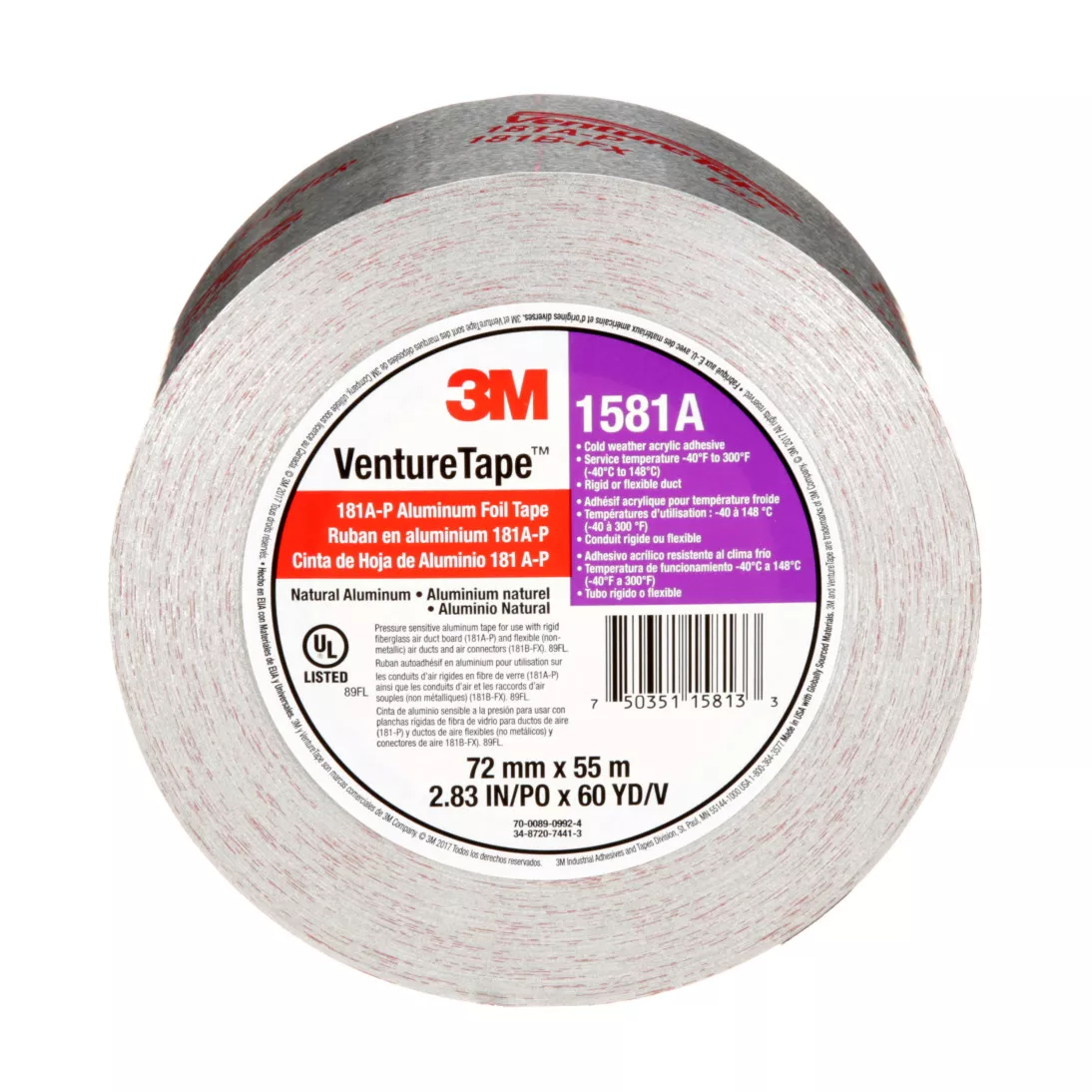 3M™ Venture Tape™ UL181A-P Aluminum Foil Tape 1581A, Silver, 72 mm x 55
m, 2 mil, 16 rolls per case