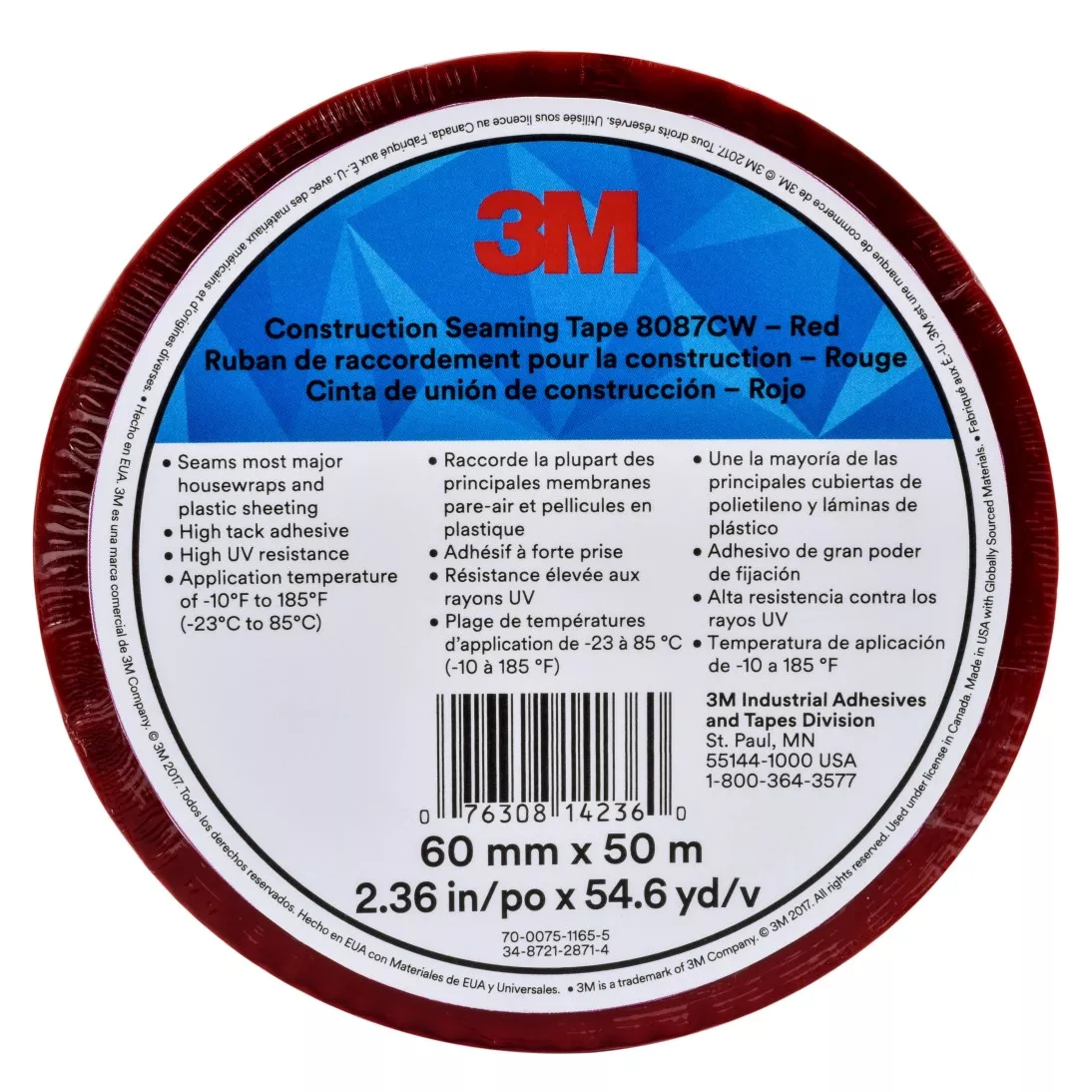 3M™ Construction Seaming Tape 8087CW, Red, 60 mm x 50 m, 20 rolls per
case
