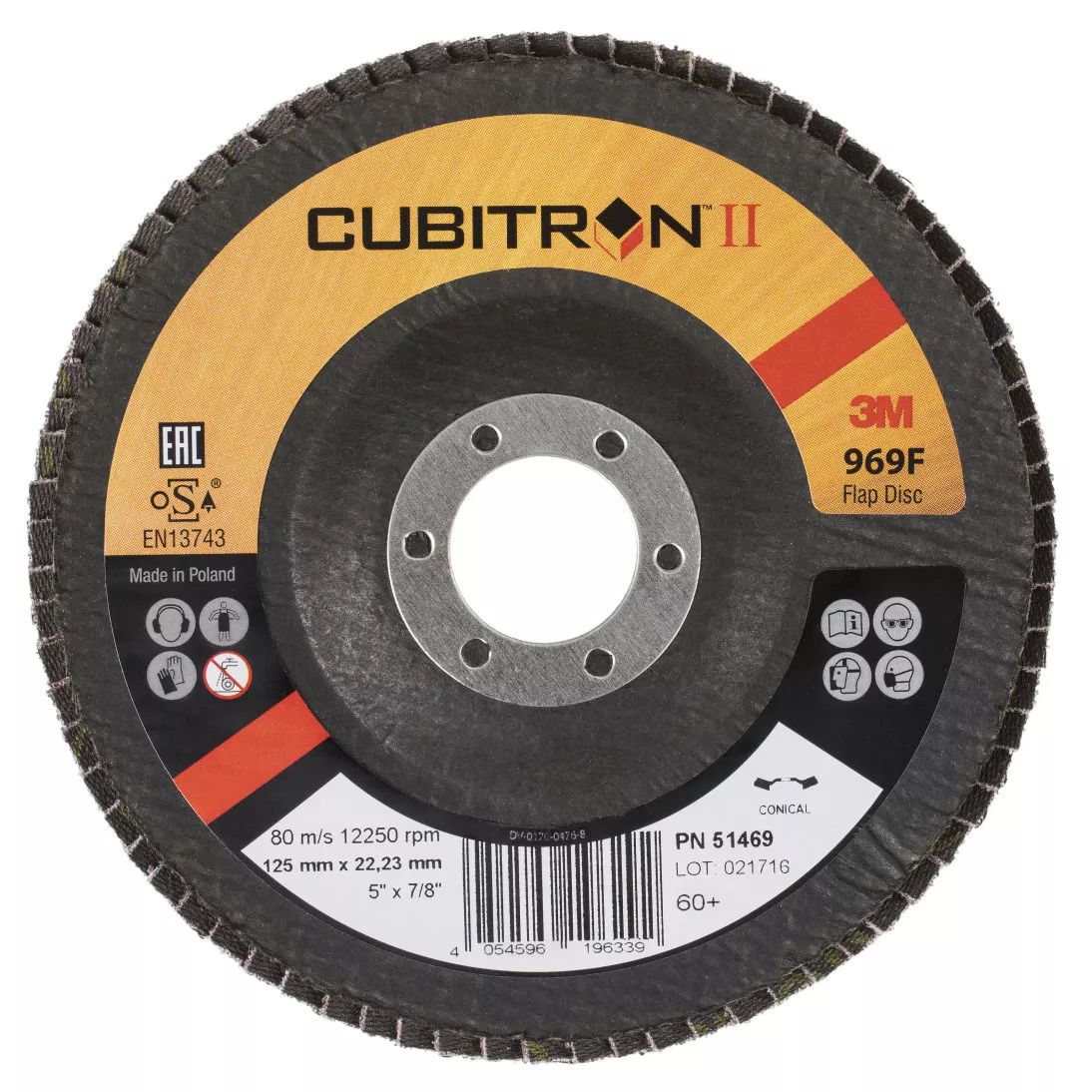 3M™ Cubitron™ II Flap Disc 969F, 60+, T27, 5 in x 7/8 in, 10 ea/Case