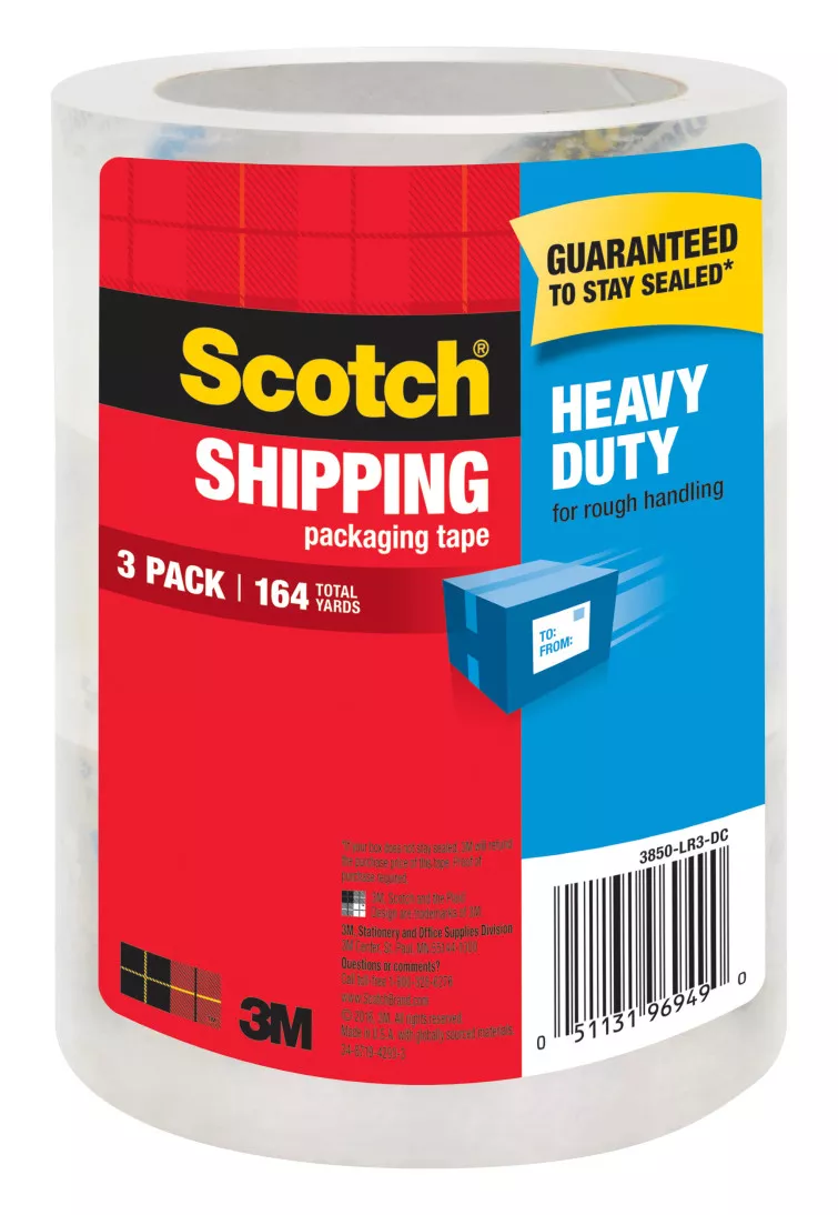 Scotch® Heavy Duty Shipping Packaging Tape, 3850-LR3-DC, 1.88 in x 54.6
yd (48 mm x 50 m), 3 Pack