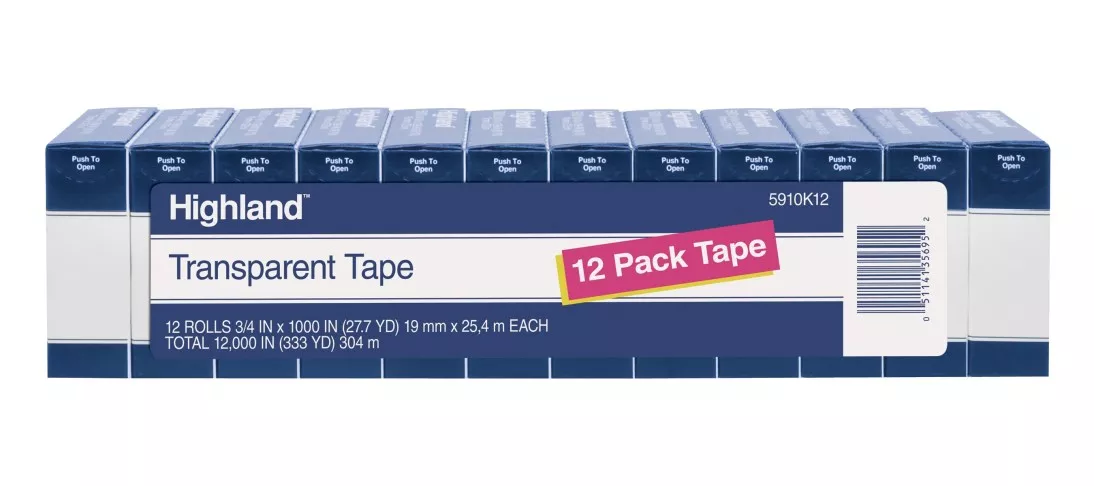 Highland™ Transparent Tape 5910K12, 3/4 in x 1000 in (19 mm x 25,4 m),
12 Pack