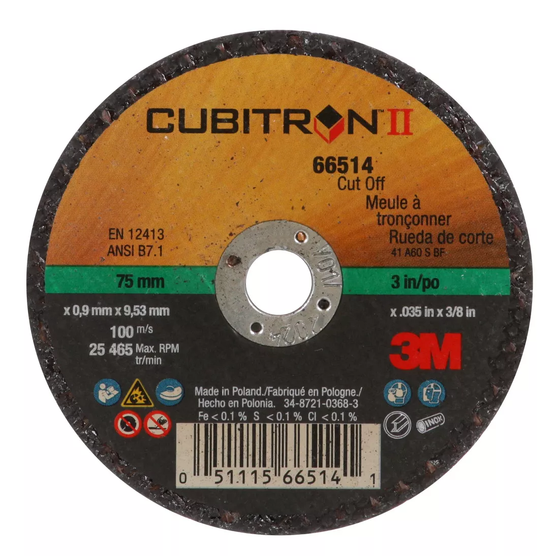 3M™ Cubitron™ II Cut-Off Wheel, 66514, 60, T1, 75 mm x 0.9 mm x 9.53 mm,
25/Inner, 50 ea/Case