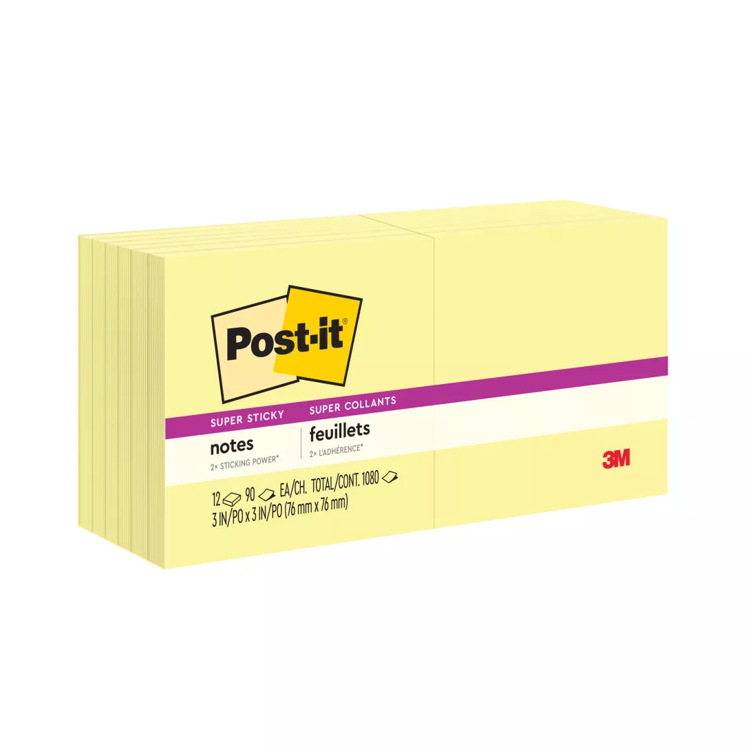 Post-it® Super Sticky Notes 654-12SSCY, 3 in x 3 in (76 mm x 76 mm), Canary Yellow, 12 pk, 90 sh per pad