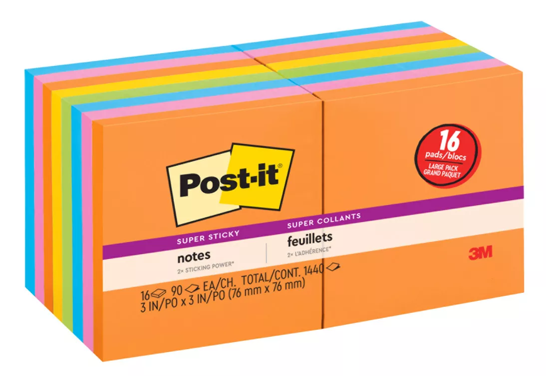 Post-it® Super Sticky Notes 654-12SSAU+4, 3 in x 3 in (76 mm x 76 mm)
Rio de Janeiro Collection