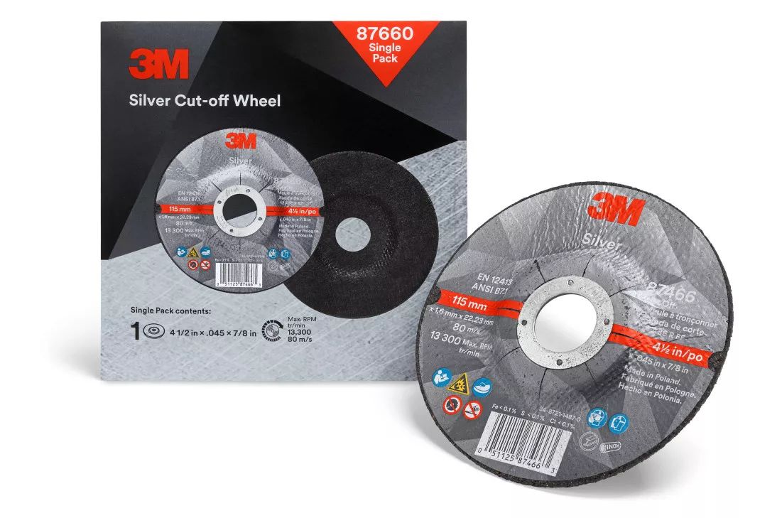 3M™ Silver Cut-Off Wheel, 87660, T27, 4.5 in x .045 in x 7/8 in, Single
Pack, 10 ea/Case