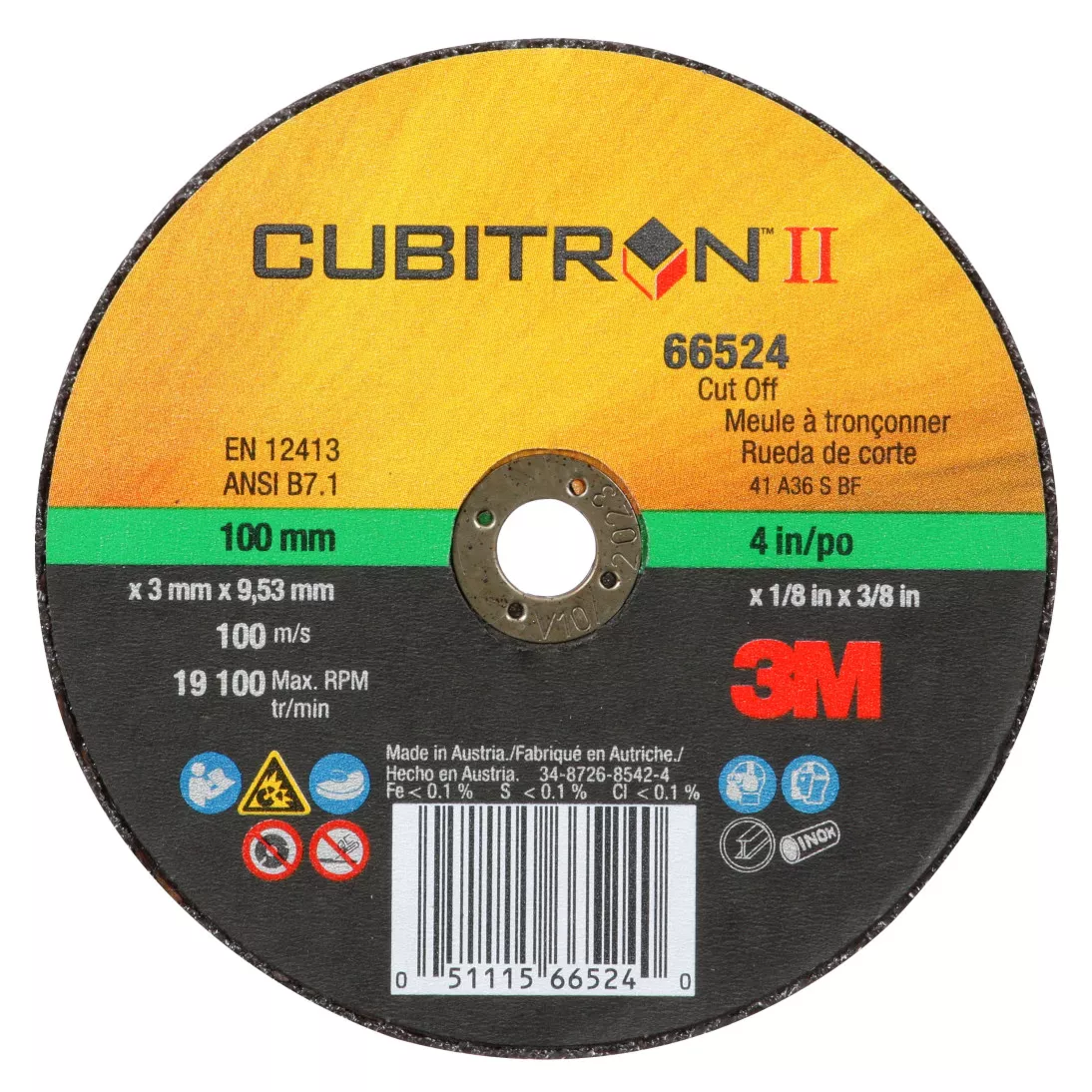 3M™ Cubitron™ II Cut-Off Wheel, 66524, 36, T41, 100 mm x 3 mm x 9.53 mm,
25/Inner, 50 ea/Case