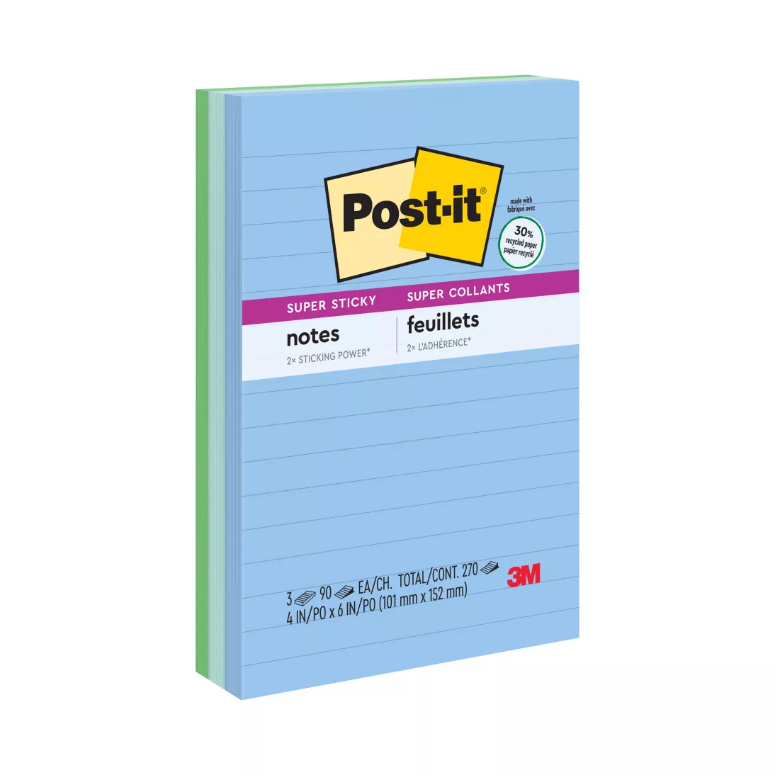 Post-it® Super Sticky Recycled Notes 660-3SST, 4 in x 6 in (101 mm x 152
mm) Bora Bora Collection, Lined, 3 Pads/Pack