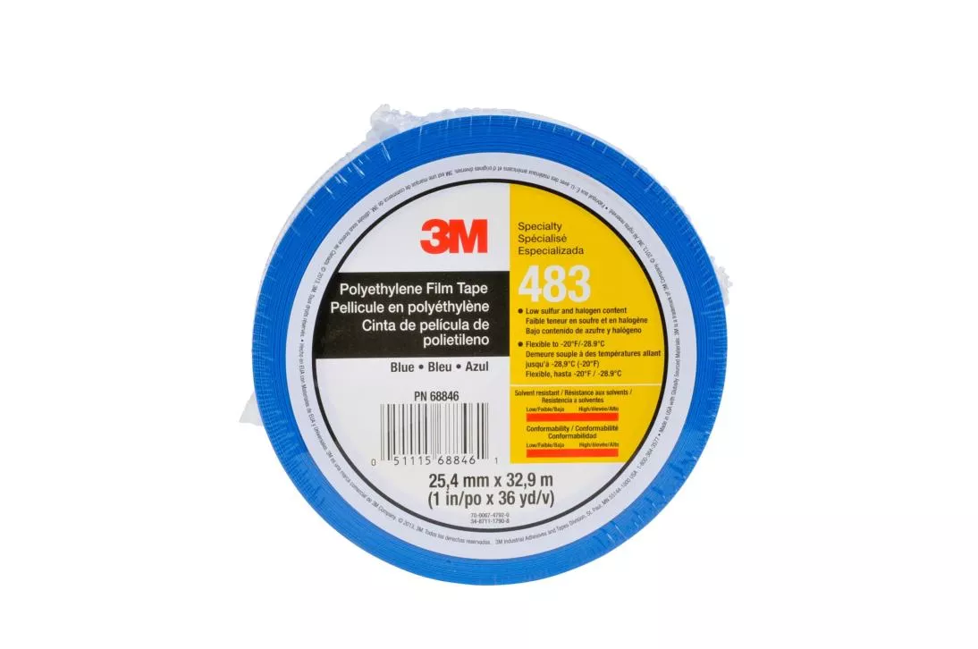 3M™ Polyethylene Tape 483, Blue, 1 in x 36 yd, 5.0 mil, 36 rolls per
case, Individually Wrapped Conveniently Packaged