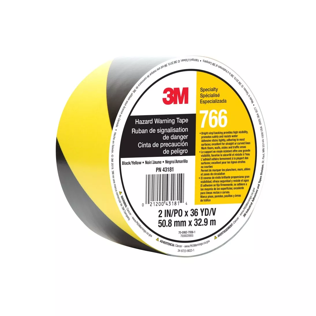 3M™ Safety Stripe Warning Tape 766, Black/Yellow, 2 in x 36 yd, 5 mil, 24 Roll/Case, Individually Wrapped Conveniently Packaged