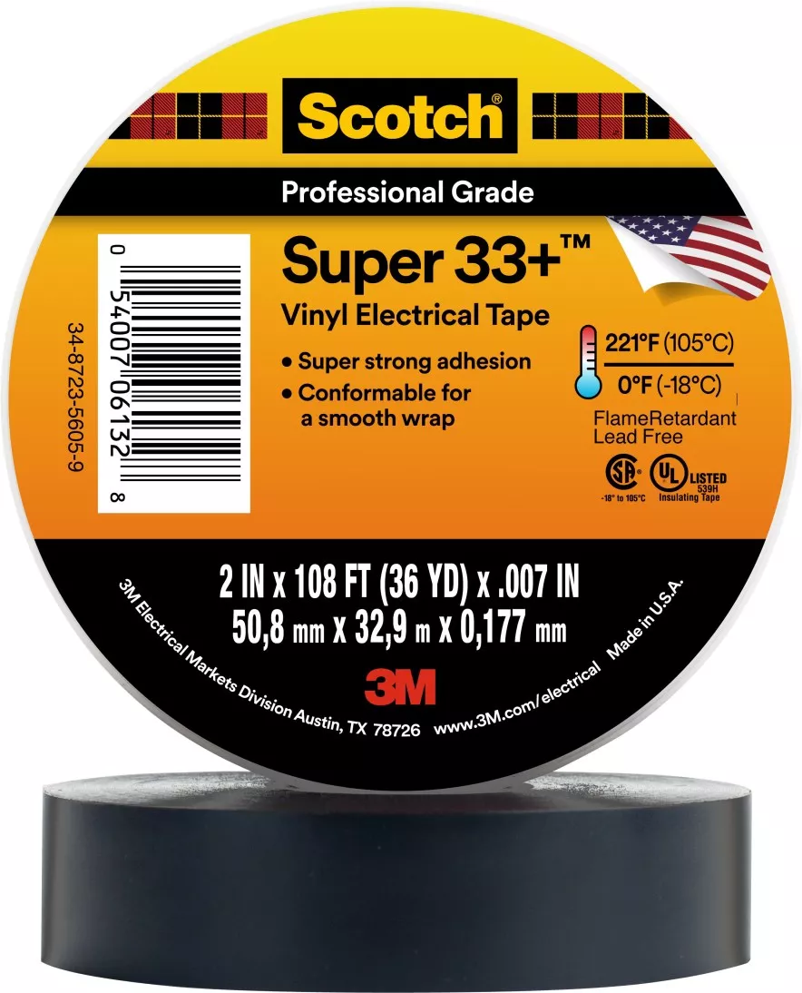 Scotch® Super 33+ Vinyl Electrical Tape, 2 in X 36 yd, 1 in Core, Black,
1 roll/carton, 25 rolls/Case