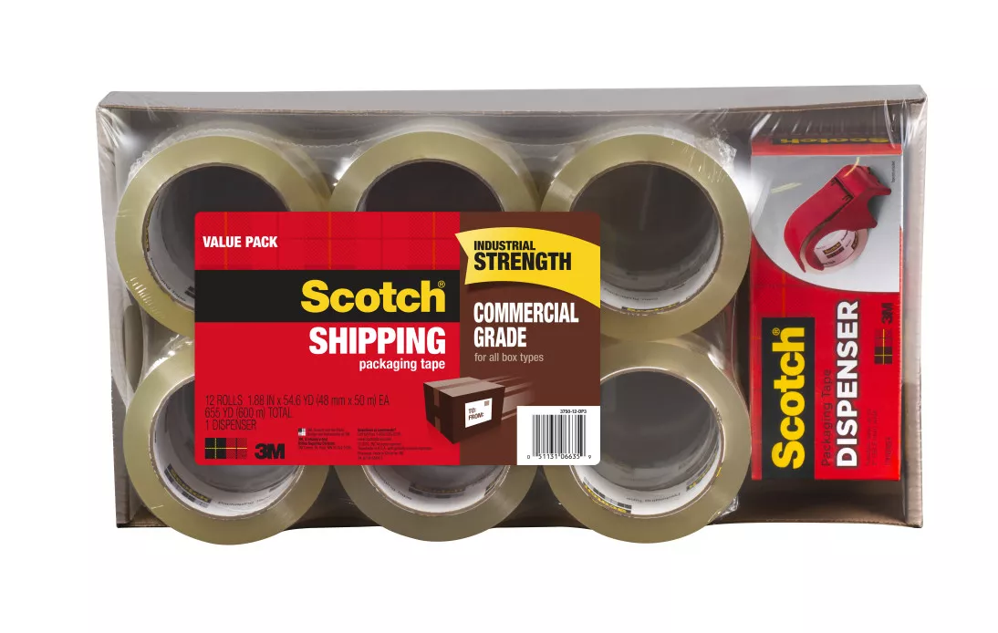 Scotch® Commercial Grade Shipping Packaging Tape 3750-12-DP3, 1.88 in x
54.6 yd (48 mm x 50 m) 12 rolls with Dispenser