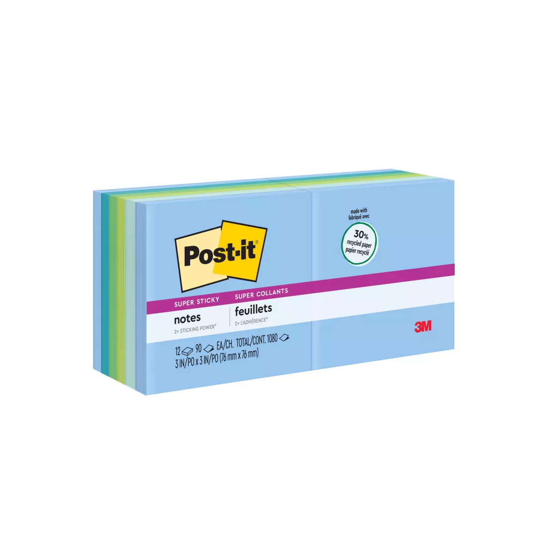 Post-it® Super Sticky Recycled Notes 654-12SST, 3 in x 3 in (76 mm x 76
mm) Bora Bora Collection