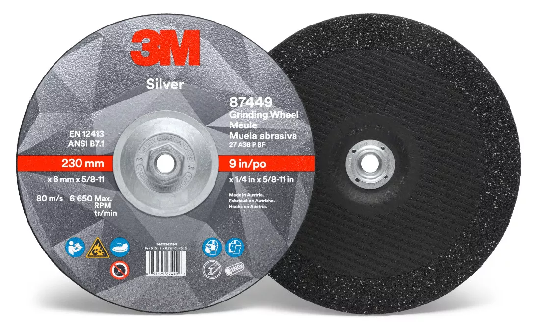 3M™ Silver Depressed Center Grinding Wheel, 87449, T27 Quick Change, 9
in x 1/4 in x 5/8 in-11, 10/Inner, 20 ea/Case