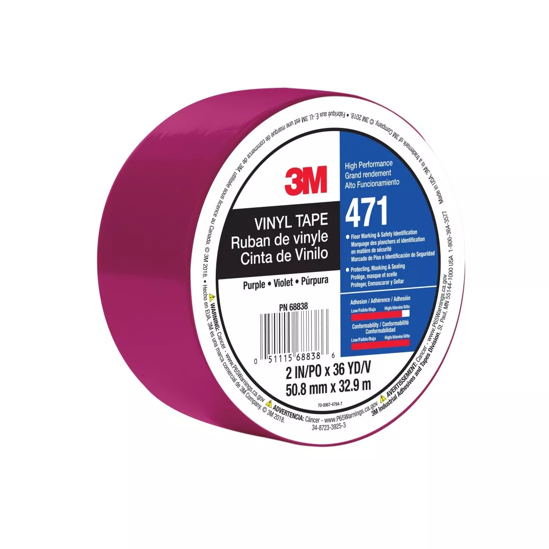 3M™ Vinyl Tape 471, Purple, 2 in x 36 yd, 5.2 mil, 24 Roll/Case, Individually Wrapped Conveniently Packaged