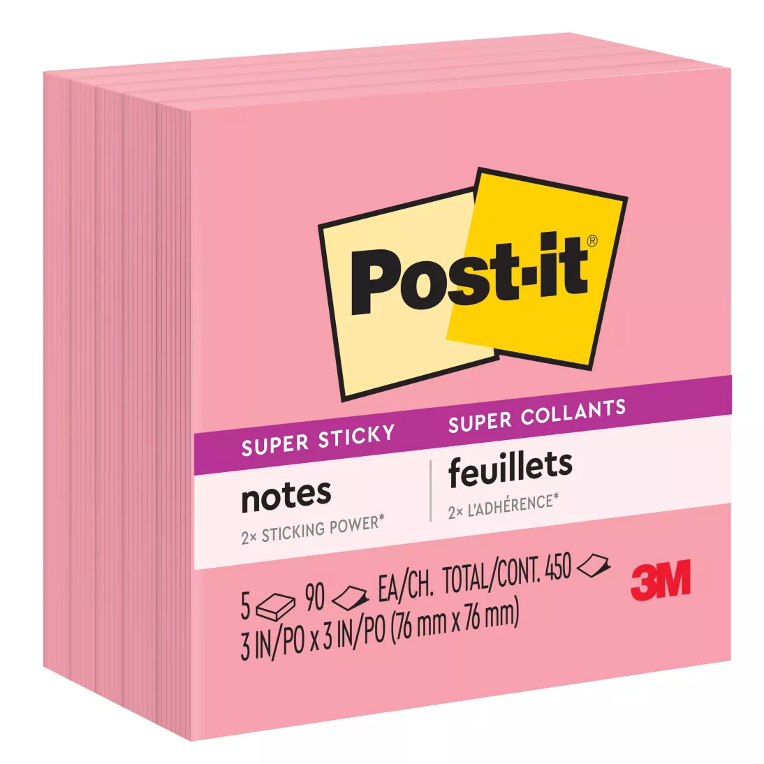 Post-it® Super Sticky Notes 654-5SSNP, 3 in x 3 in (76 mm x 76 mm), Neon
Pink, 5 Pads/Pack, 90 Sheets/Pad