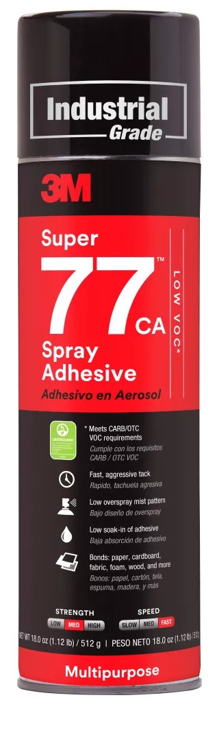 3M™ Super 77™ CA Multipurpose Spray Adhesive, Low VOC <25%, Clear, 24 fl
oz Can (Net Wt 18.0 oz), 12/Case