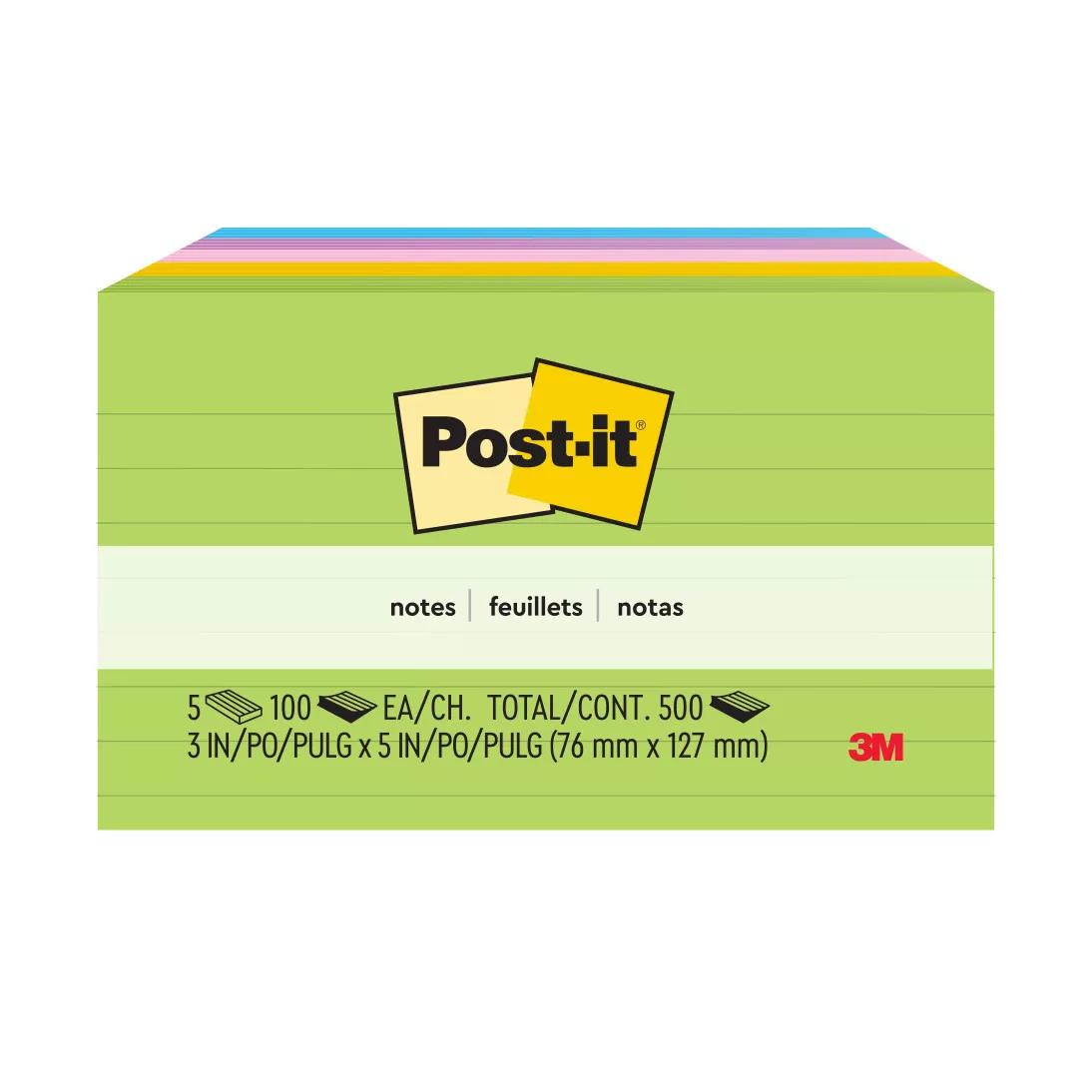 Post-it® Notes, 635-5AU, 3 in x 5 in (76 mm x 127 mm), Jaipur Colors,
Lined, 5 Pads/Pack, 100 Sheets/Pad