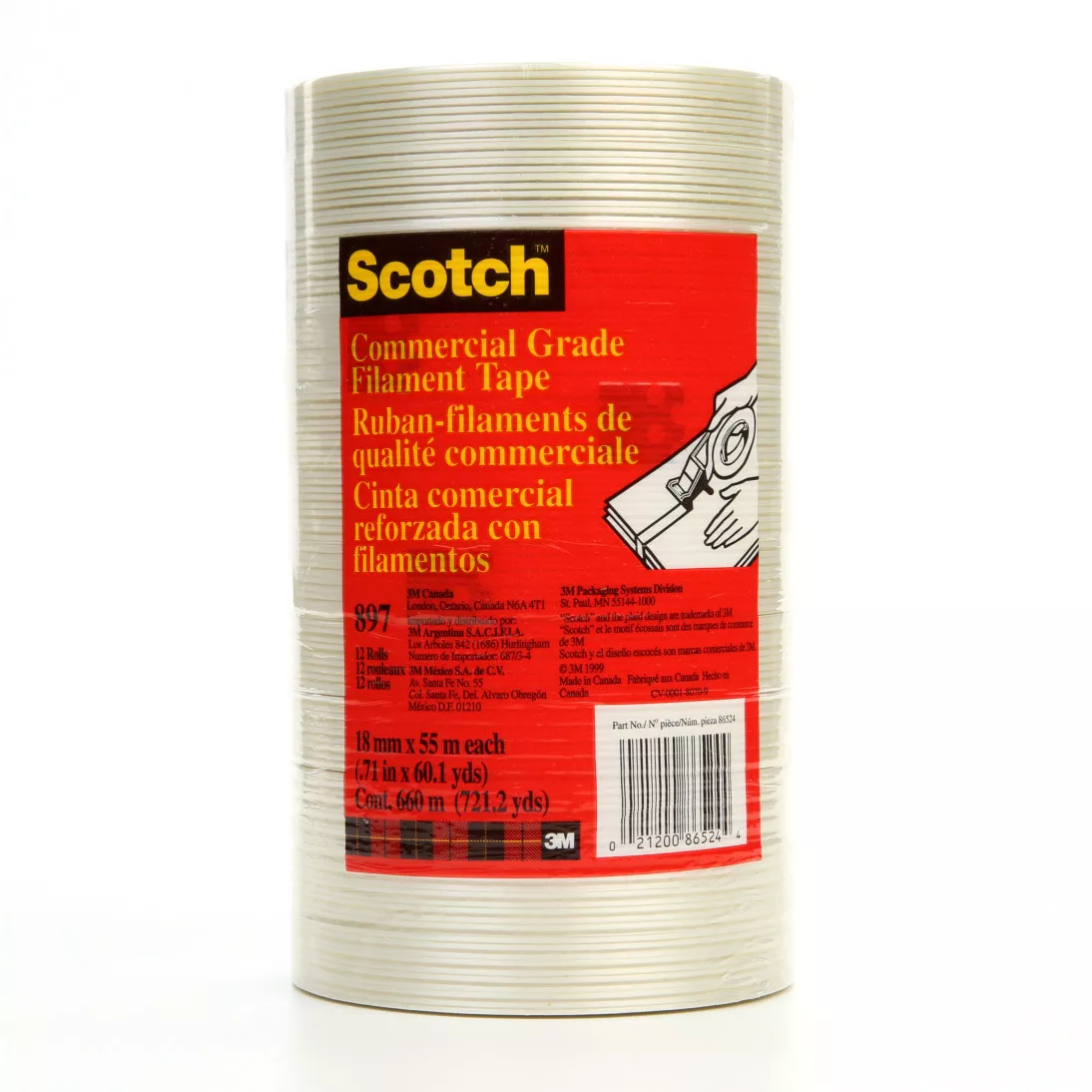 Scotch® Filament Tape 897, Clear, 18 mm x 55 m, 5 mil, 48 Rolls/Case