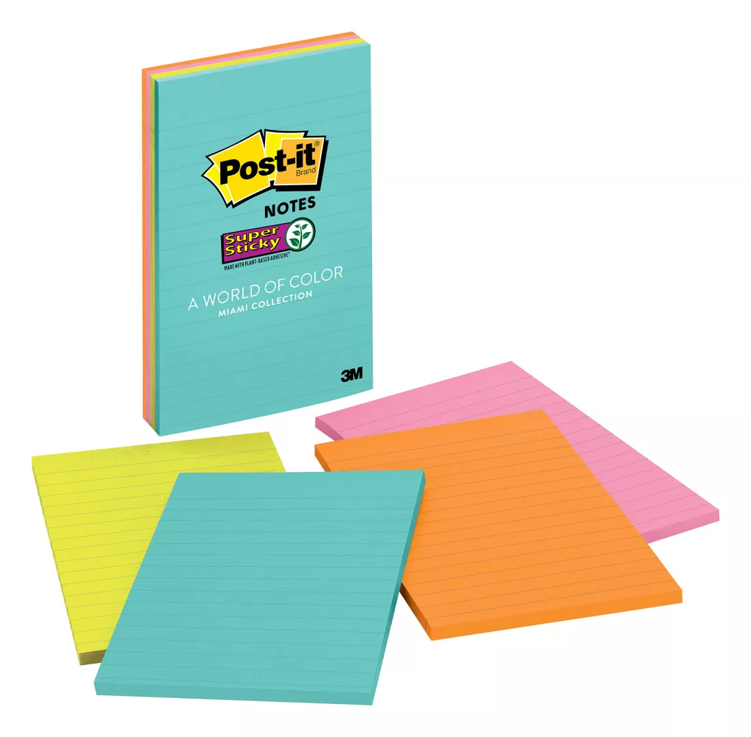 Post-it® Super Sticky Notes 4621-SSMIA, 4 in x 6 in (101 mm x 152 mm),
Miami Collection, 4 Pads/Pack, 45 Sheets/Pad, Lined